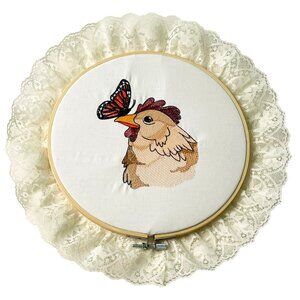 Chicken Butterfly Embroidered Art Wall Hanging Wood Embroidery Hoop Frame 13"